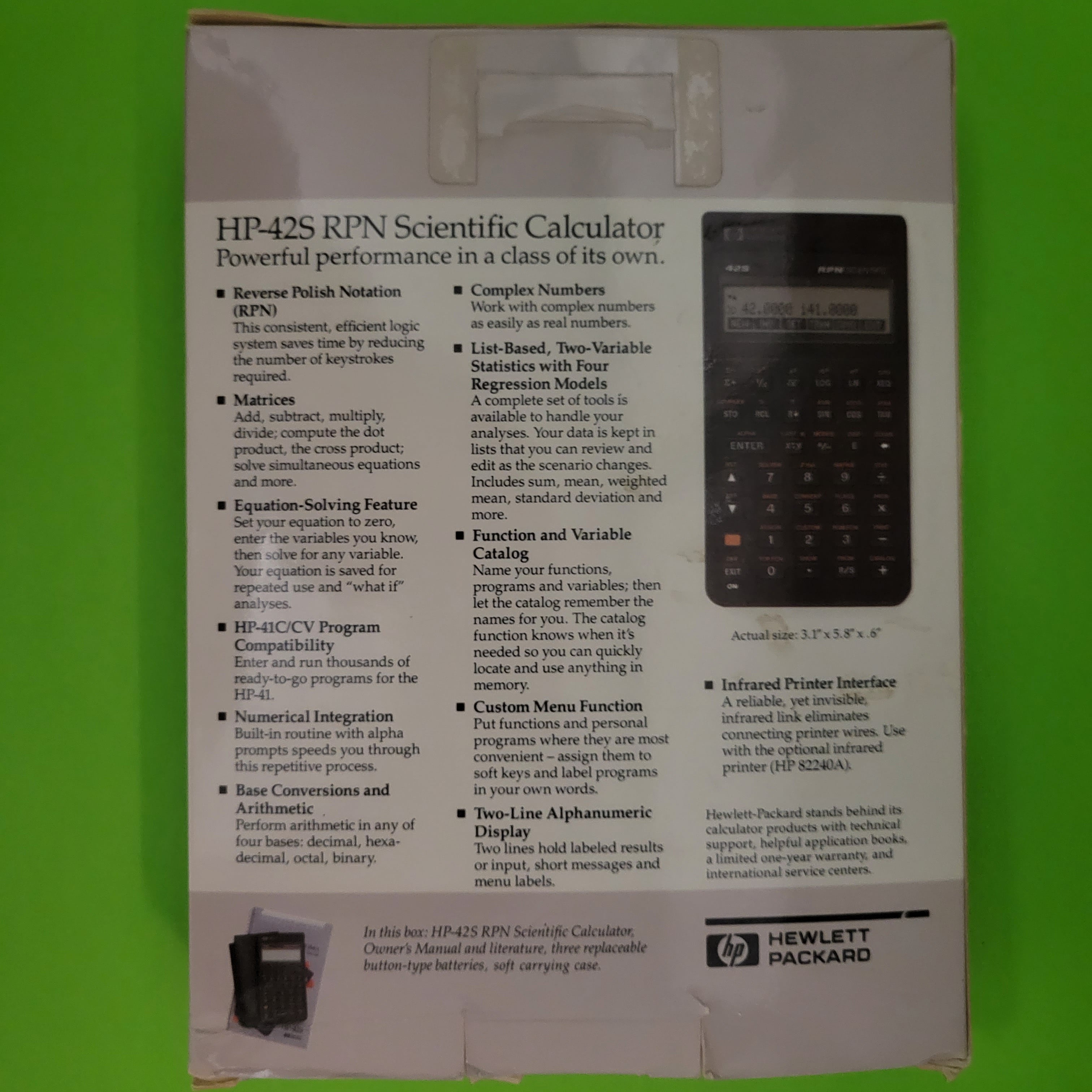 An image of the back of the box of a HP 42s RPN Scientific Calculator